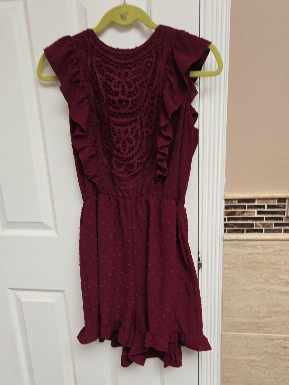 Burgundy Lace-Front Ruffle Romper